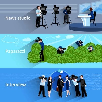 Photographer and videographer horizontal banners set with news studio paparazzi and interview symbols flat isolated vector illustration