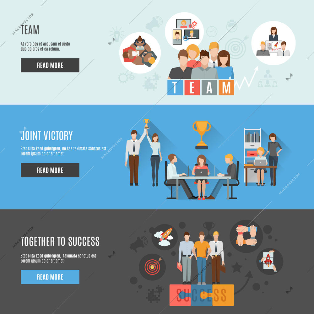 Interactive homepage of business teamwork strategies for achieving great success flat banners set abstract isolated vector illustration