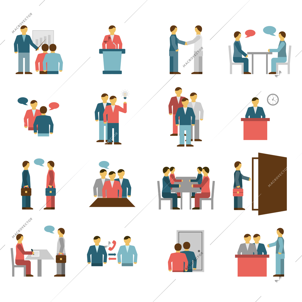 Meeting  people interaction dialogue flat color icons isolated vector illustration.