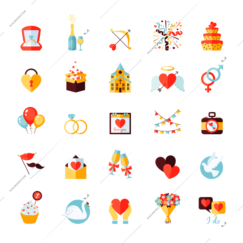 Wedding party flat icons set with balloons cake ring isolated vector illustration