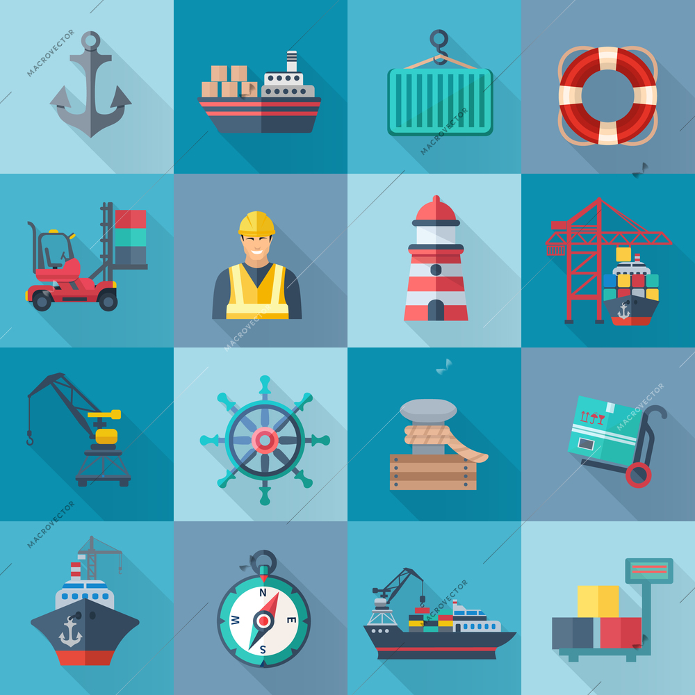 Sea port flat icons set with anchor container ship lifebelt isolated vector illustration