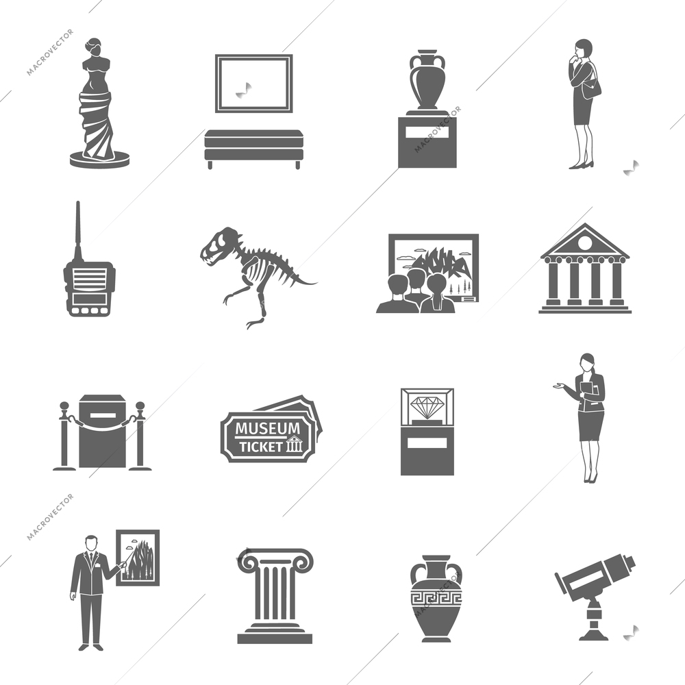 Museum black icons set with fine art objects and visitors isolated vector illustration