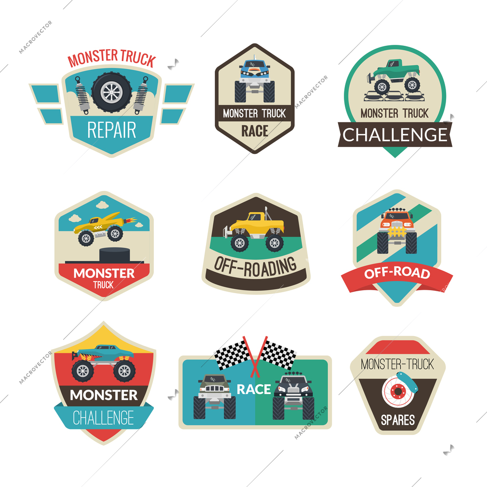 Monster truck emblems set with high power vehicles isolated vector illustration