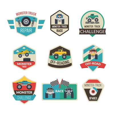 Monster truck emblems set with high power vehicles isolated vector illustration