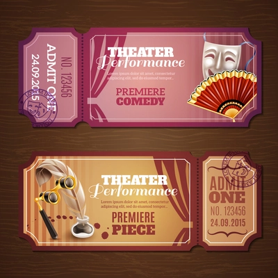 Theatre tickets on wood horizontal banners set realistic isolated vector illustration