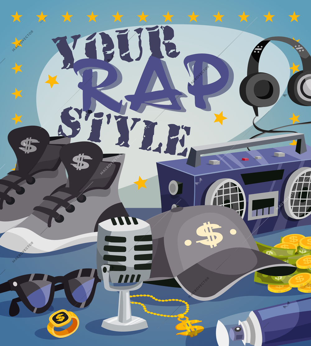 Rap music concept with cartoon hip-hop style elements vector illustration