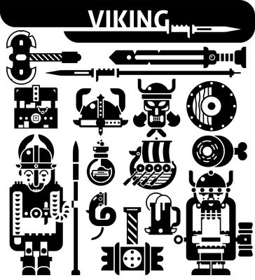 Viking black white icons set with beer meat and boat flat isolated vector illustration