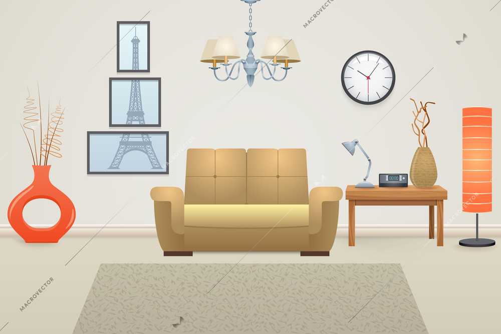 Living room interior concept with furniture and decor elements vector illustration