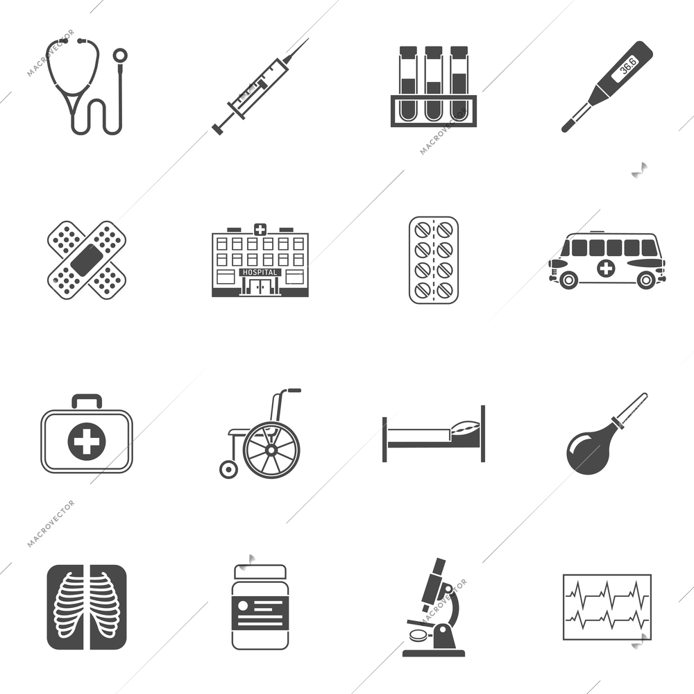 Medical icons black set with stethoscope syringe and blood test isolated vector illustration