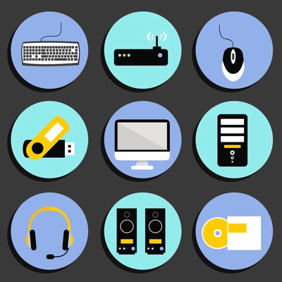 Business computer icons set of workplace desktop with speakers printer and wireless network router isolated vector illustration sketch