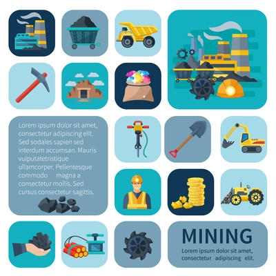 Mining icons flat decorative set with industrial plant and machinery isolated vector illustration