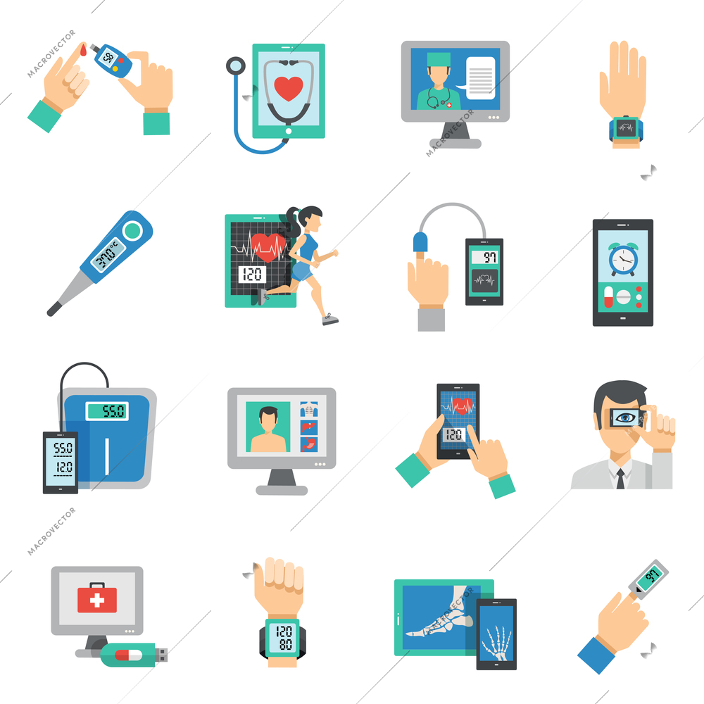 Digital health icons flat set with medical technologies symbols isolated vector illustration