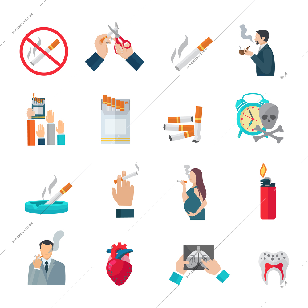 Smoking flat icons set with cigarette danger and hazards symbols isolated vector illustration