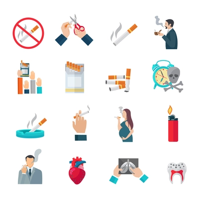 Smoking flat icons set with cigarette danger and hazards symbols isolated vector illustration