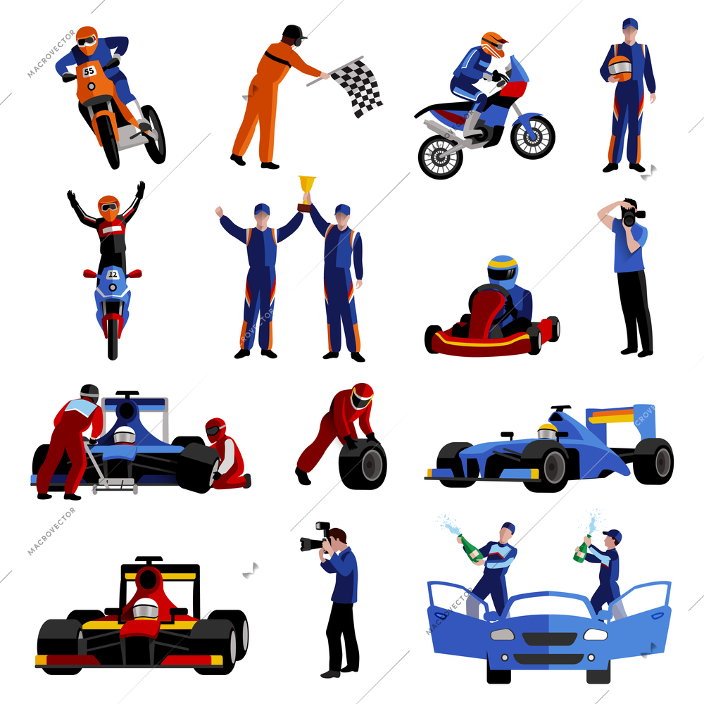 Race and rally icons set with moto auto rally and victory symbols flat isolated vector illustration