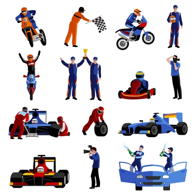 Race and rally icons set with moto auto rally and victory symbols flat isolated vector illustration