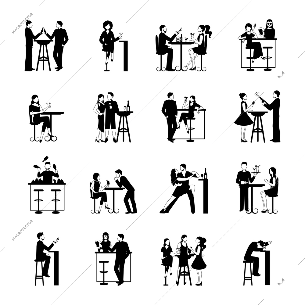 Drinking people icons set black and white isolated vector illustration