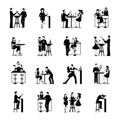 Drinking people icons set black and white isolated vector illustration