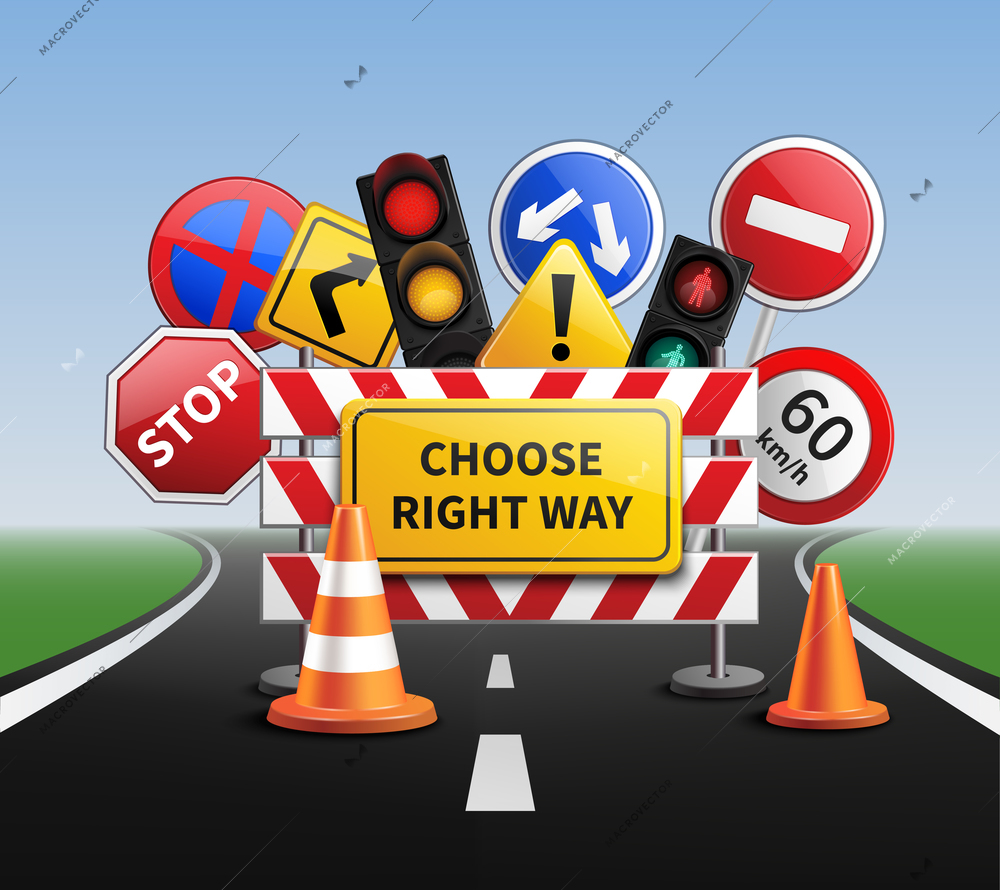 Choose right way realistic concept with road signs and traffic lights vector illustration