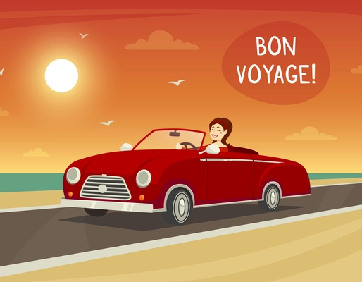 Woman driving a red cabriolet with bon voyage title cartoon vector illustration