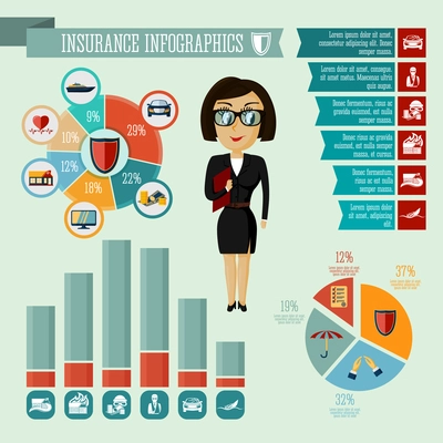 Businesswoman hipster girl insurance company agent infographic presentation design elements with icons charts and graphs vector illustration