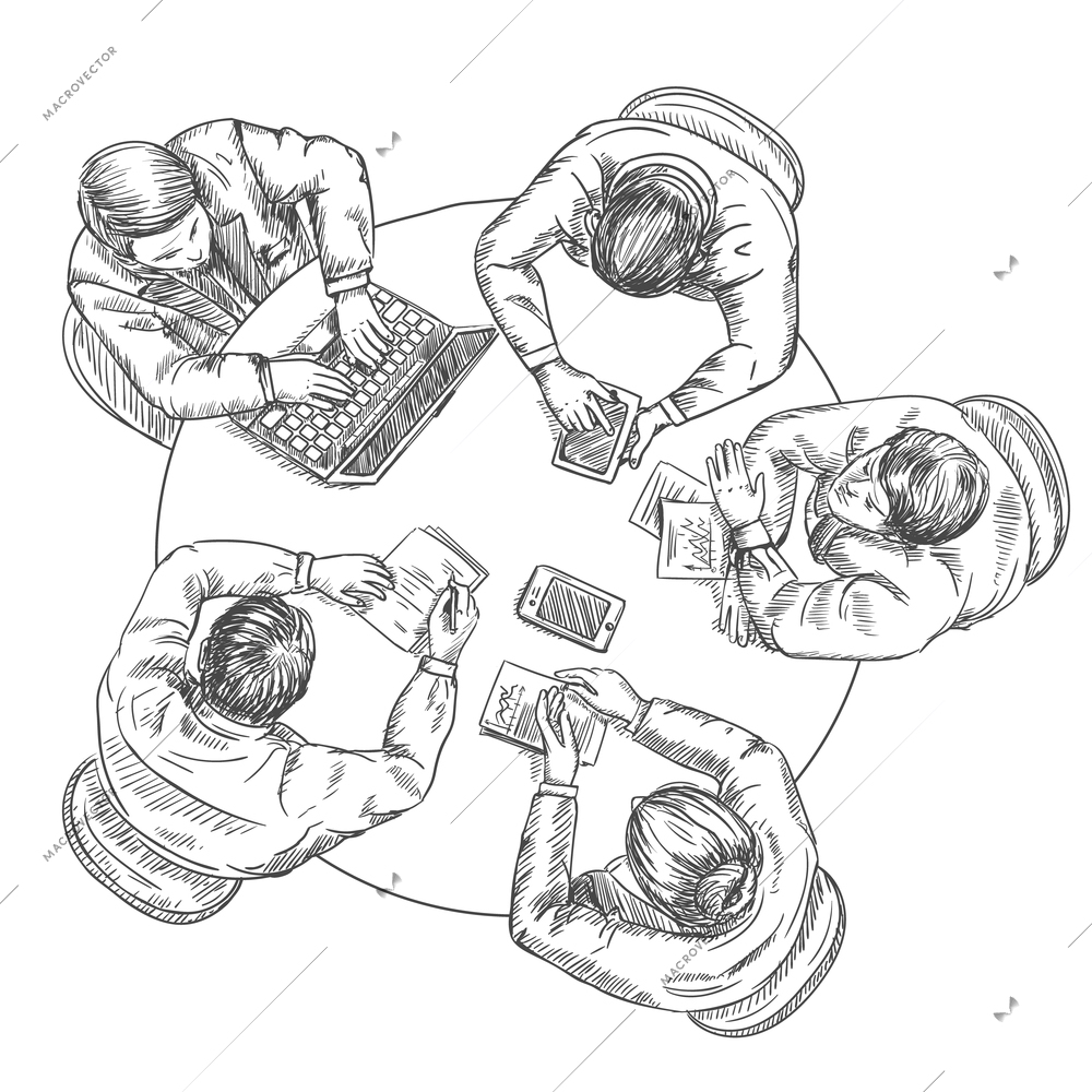 Business meeting concept with sketch businessmen at the table top view vector illustration