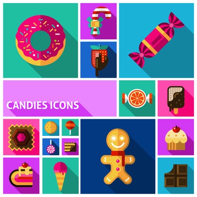 Candy shadow icons set with sweets cakes and lollipops flat isolated vector illustration