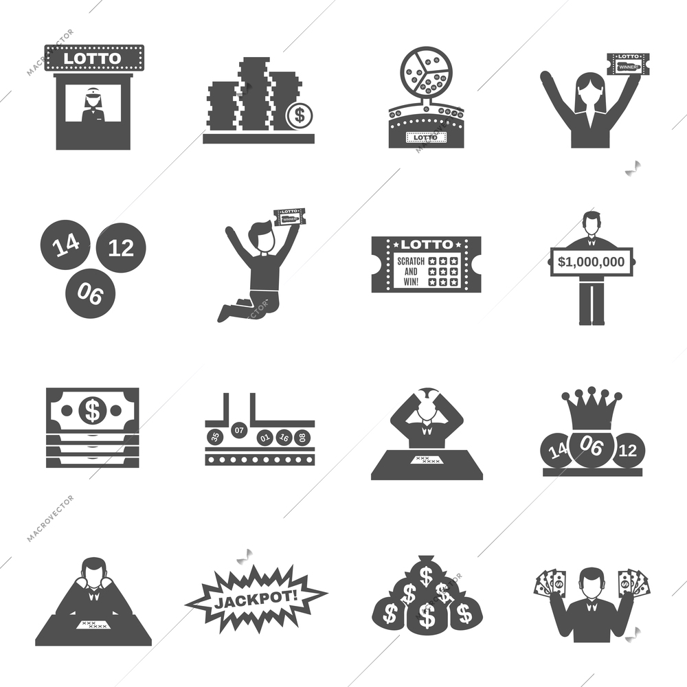 Lottery black icons set with people betting and winning isolated vector illustration