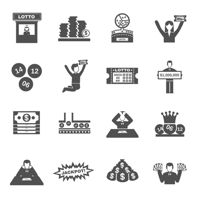 Lottery black icons set with people betting and winning isolated vector illustration