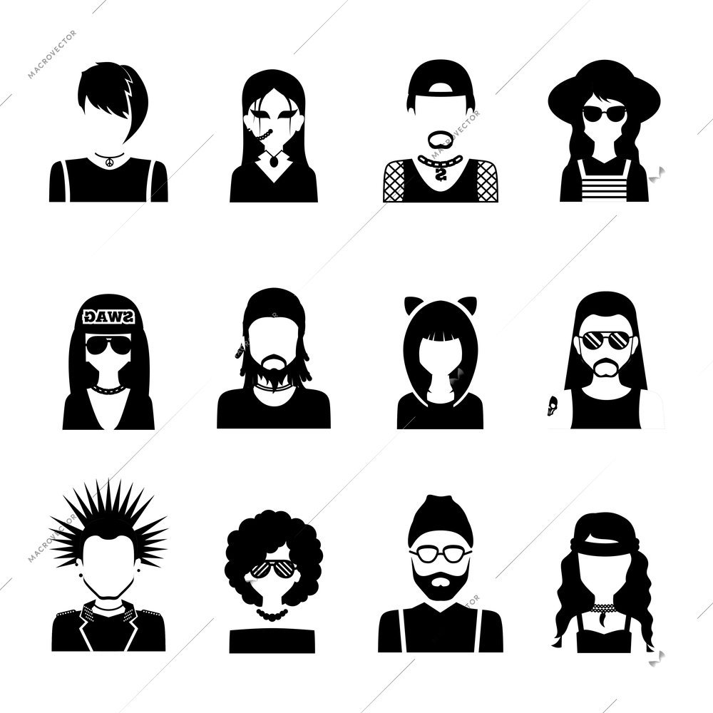 Different subcultures people silhouettes black and white icons set isolated vector illustration