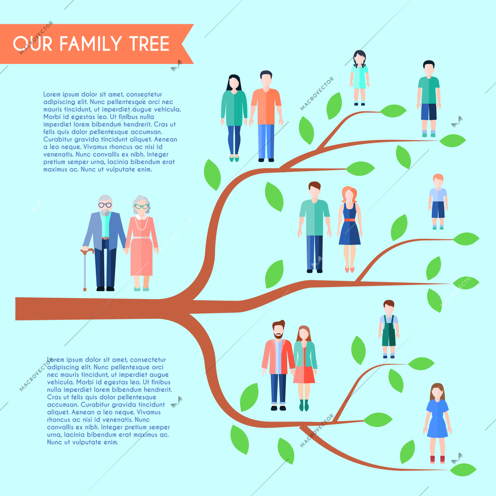 Flat style family poster with horizontal tree human figures and text on transparent background vector illustration