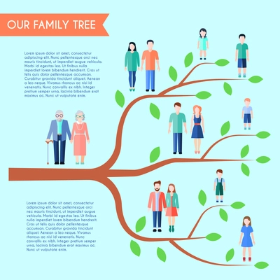 Flat style family poster with horizontal tree human figures and text on transparent background vector illustration