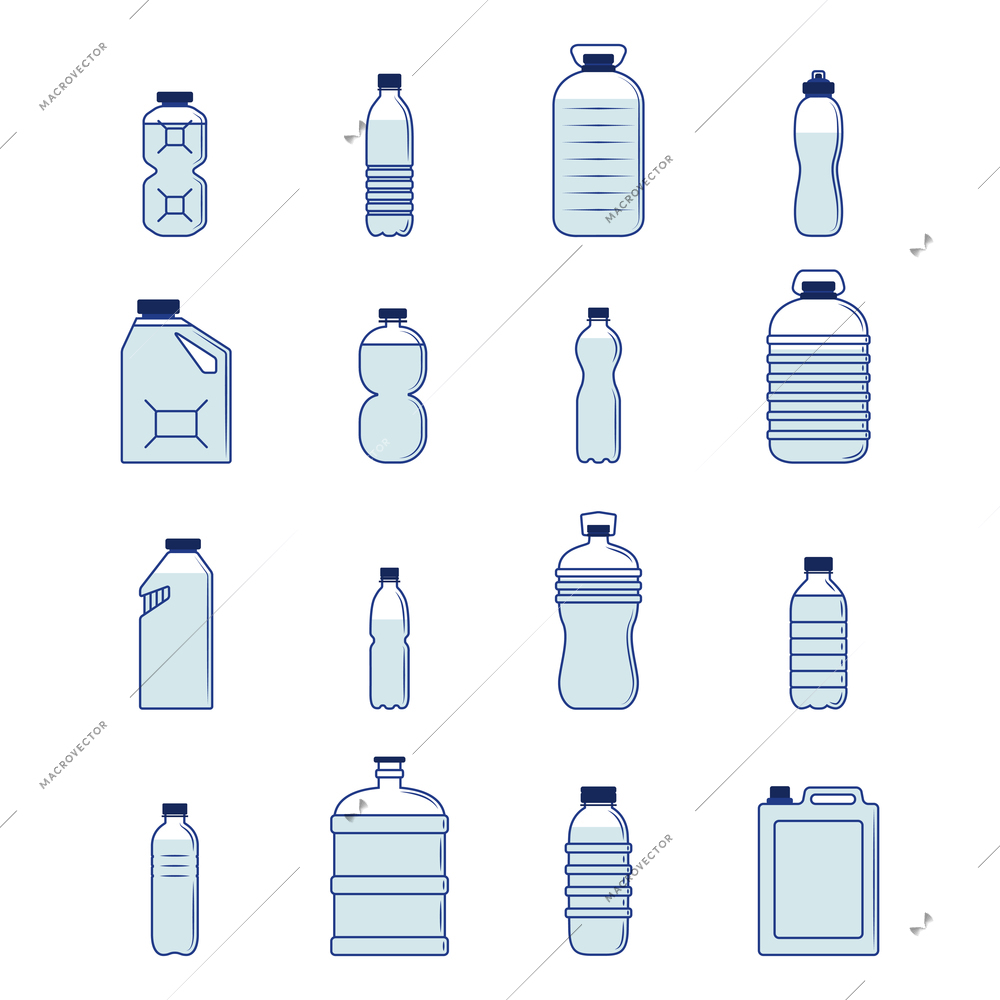 Plastic bottle and container decorative icons silhouette set isolated vector illustration