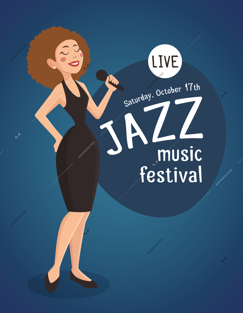 Woman jazz singer with a poster about live jazz music festival cartoon vector illustration