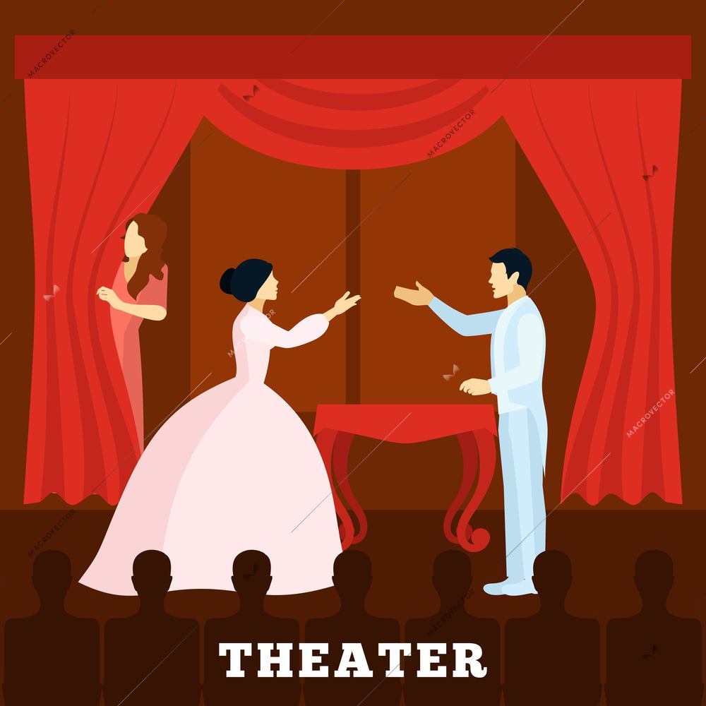 Theatre stage performance with actors curtain and audience poster  flat  vector illustration.