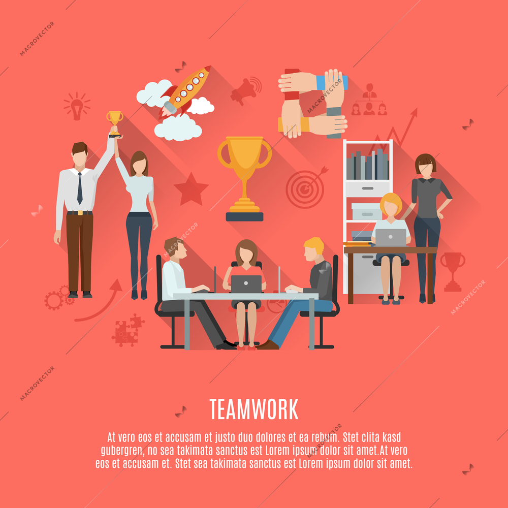 Successful business teamwork management concept crucial aspects of achieving success  flat icons composition poster abstract vector illustration