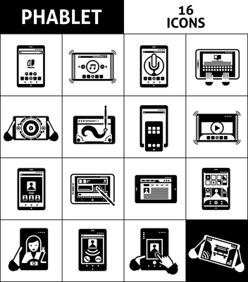 Phablet black white icons set with touchscreen call and selfie symbols flat isolated vector illustration