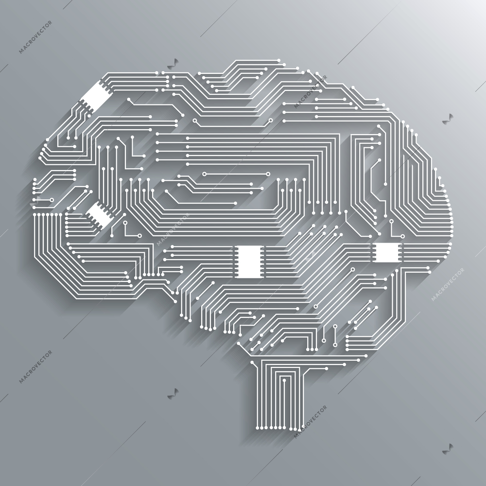 Electronic computer technology circuit board brain shape background or emblem isolated vector illustration