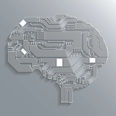 Electronic computer technology circuit board brain shape background or emblem isolated vector illustration