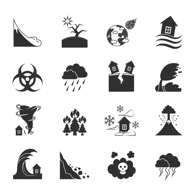 Natural disasters and negative effects icons set drawn in black and white flat style isolated vector illustration