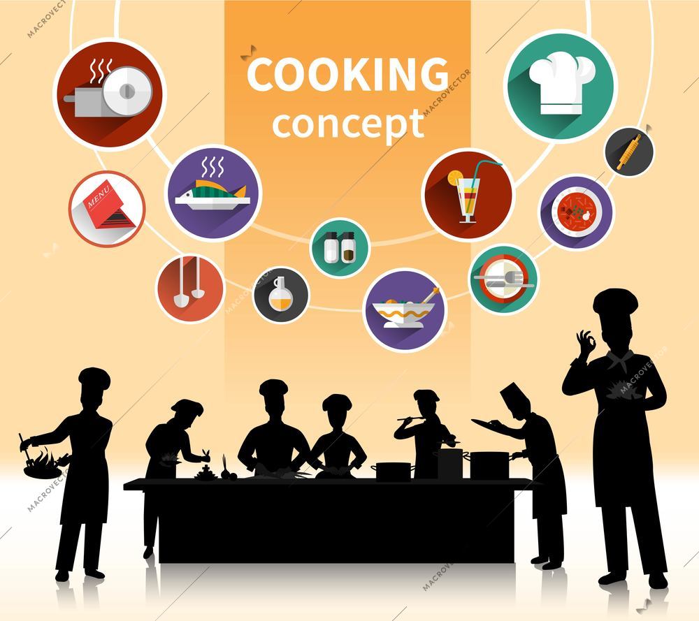 Cooking people concept with food ingredients and menu symbols shadow flat isolated vector illustration