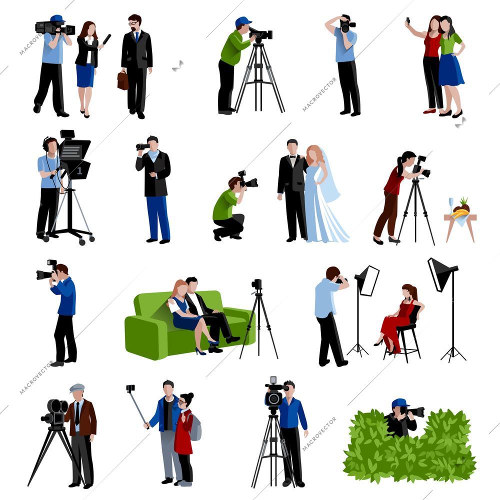 Photographer and videographer icons set with cameras light and selfie flat isolated vector illustration