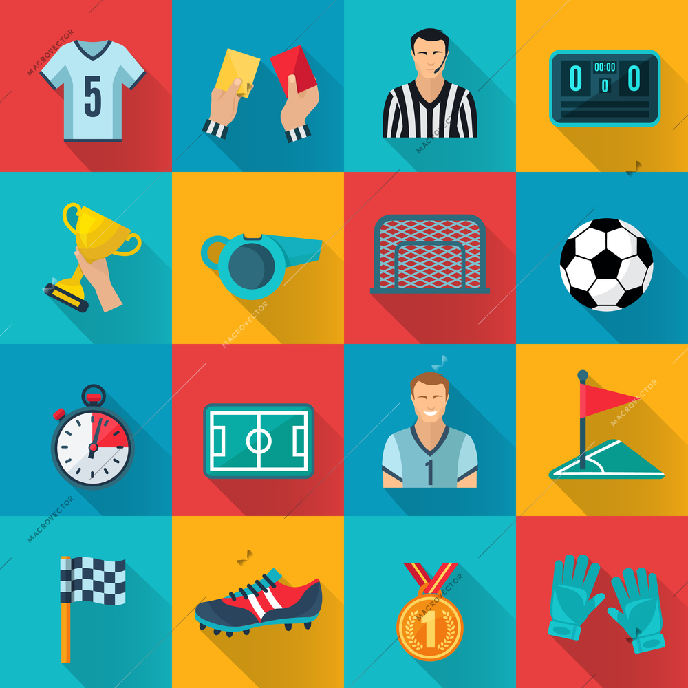 Soccer flat icons set with championship prize corner flag sport gloves isolated vector illustration