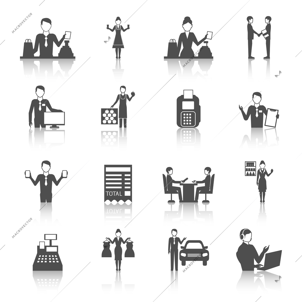 Different salesmen figures icons set drawn in monochrome flat style with reflections isolated vector illustration