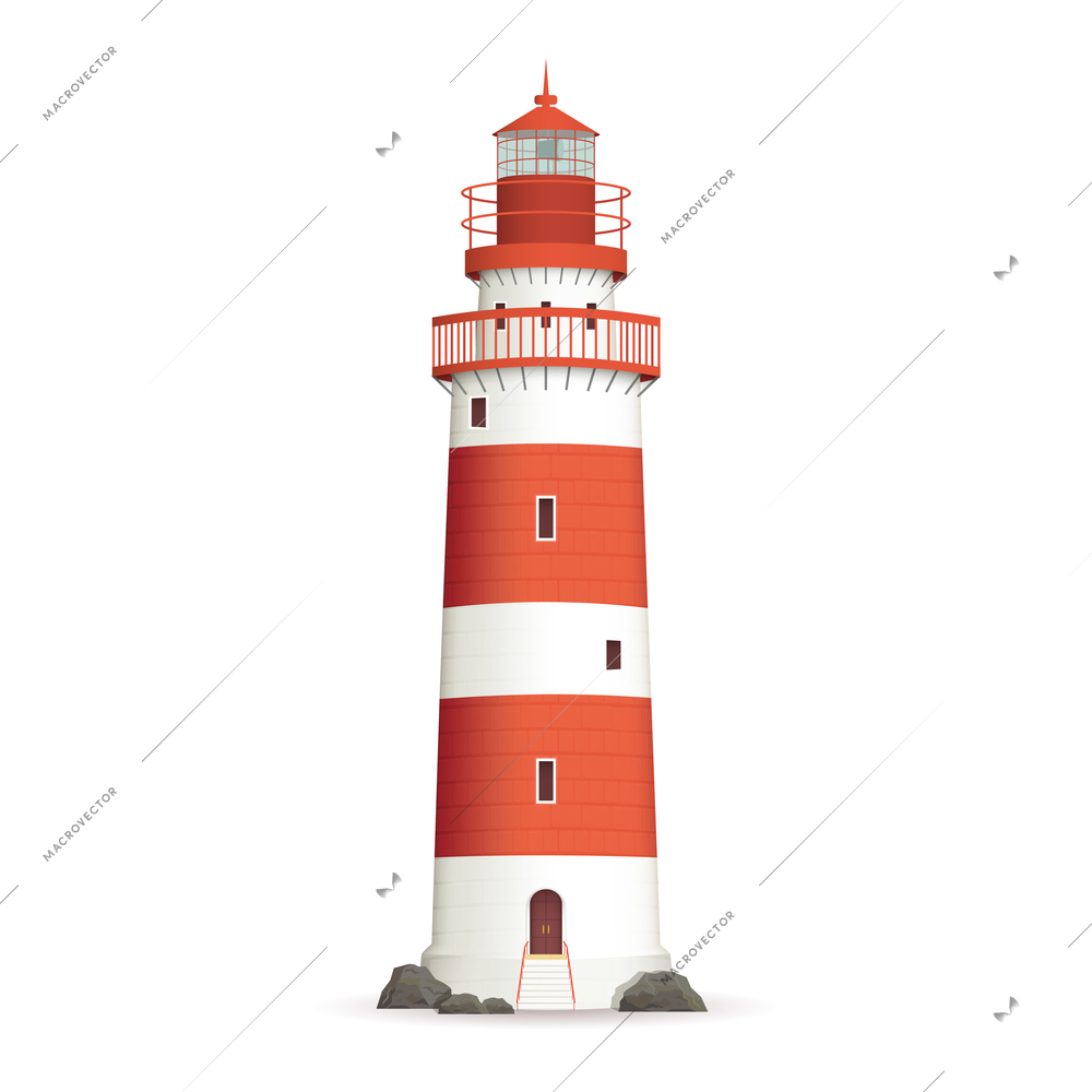 Realistic red lighthouse building isolated on white background vector illustration