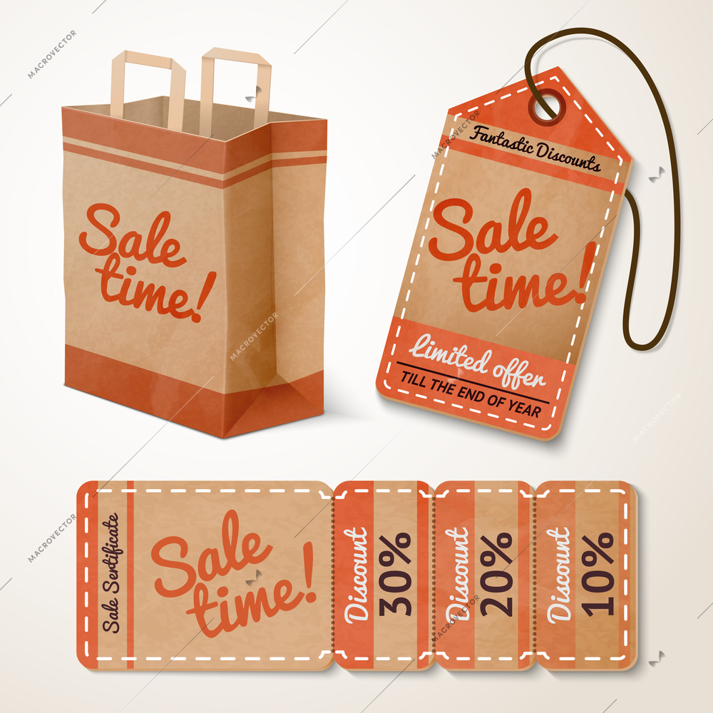 Set of cardboard sale banners and labels with paper bag and bookmark isolated vector illustration