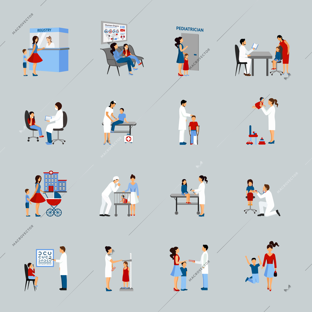 Pediatrician icons set with doctors children and parents silhouettes isolated vector illustration