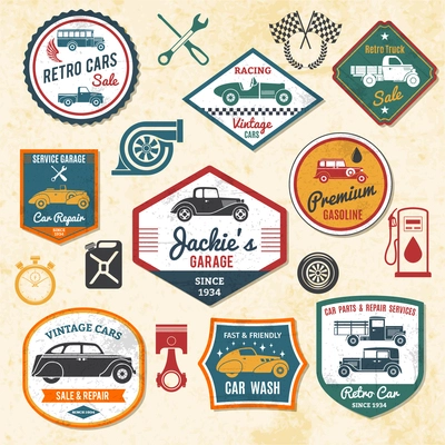 Retro and old car repair shops labels set isolated vector illustration