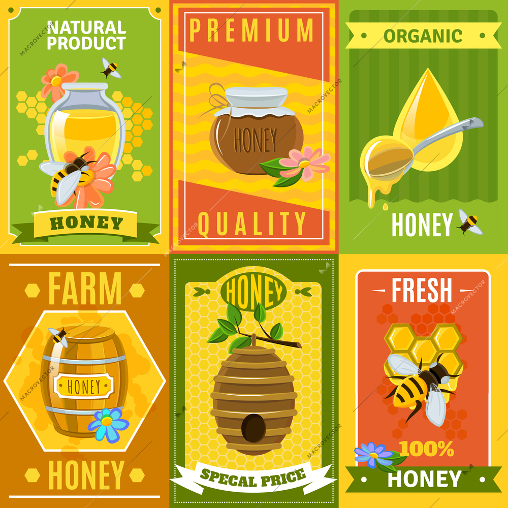 Honey poster set with natural farm honey for special price flat isolated vector illustration