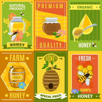 Honey poster set with natural farm honey for special price flat isolated vector illustration